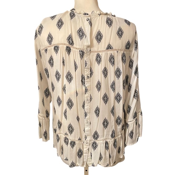 Lucky Brand Women’s Blouse Button Down Back 3/4 Sleeve Beige and Black Pattern L - Picture 2 of 7